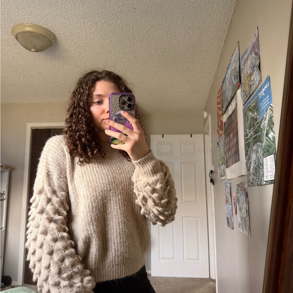 Debut Beige Sweater with Textured Sleeves